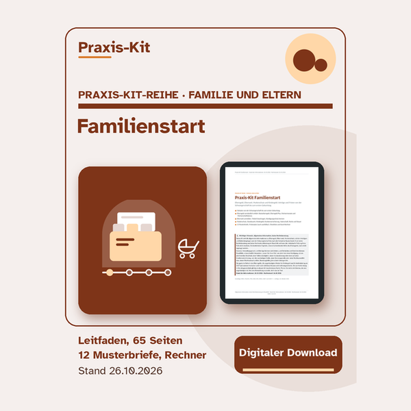 Praxis-Kit Familienstart: Titelseite und eine Seite aus dem Leitfaden auf einem Tablet