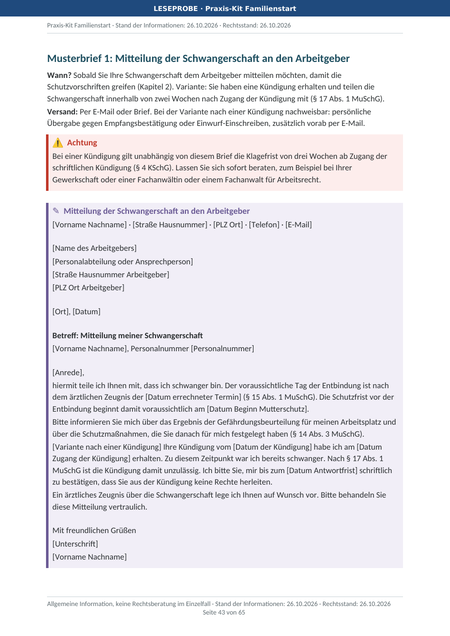 Leitfaden Seite 43: Musterbrief 1, Mitteilung der Schwangerschaft an den Arbeitgeber