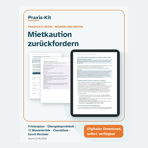 Praxis-Kit Mietkaution zurückfordern: Titelseite und Beispielseiten aus dem Leitfaden
