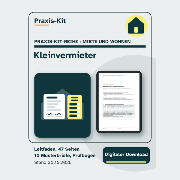 Praxis-Kit Kleinvermieter: Titelseite und eine Seite aus dem Leitfaden auf einem Tablet