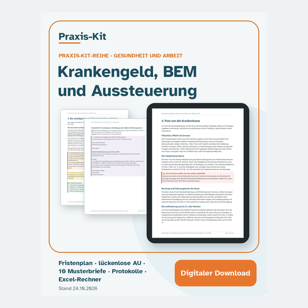 Praxis-Kit Krankengeld: Titelseite und Beispielseiten aus dem Leitfaden