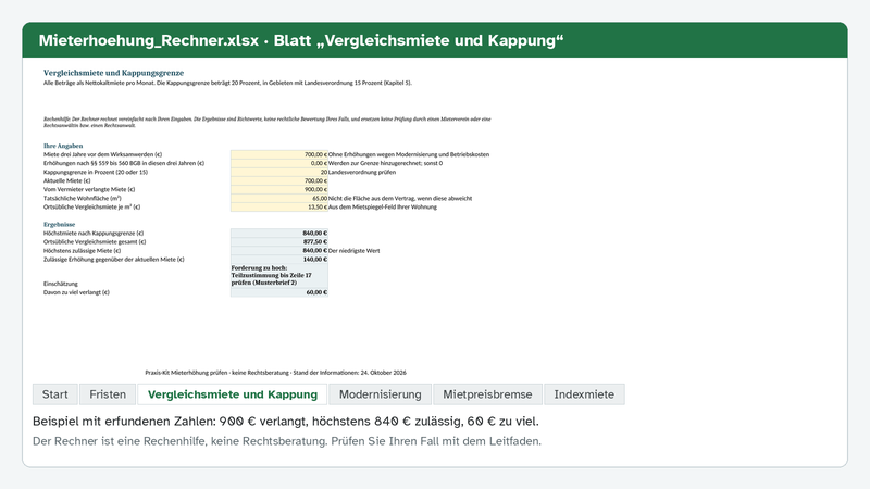 Excel-Rechner, Blatt Vergleichsmiete und Kappung: Beispiel mit erfundenen Zahlen, 900 € verlangt, höchstens 840 € zulässig, 60 € zu viel