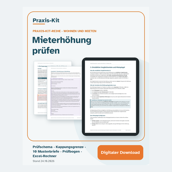 Praxis-Kit Mieterhöhung: Titelseite und Beispielseiten aus dem Leitfaden