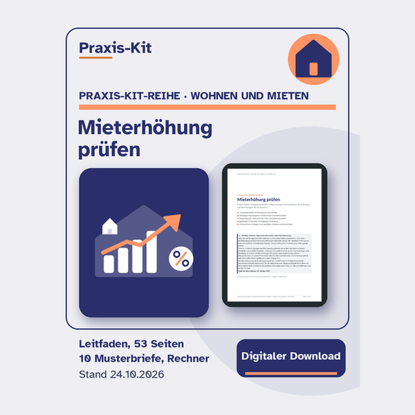 Praxis-Kit Mieterhöhung: Titelseite und Beispielseiten aus dem Leitfaden