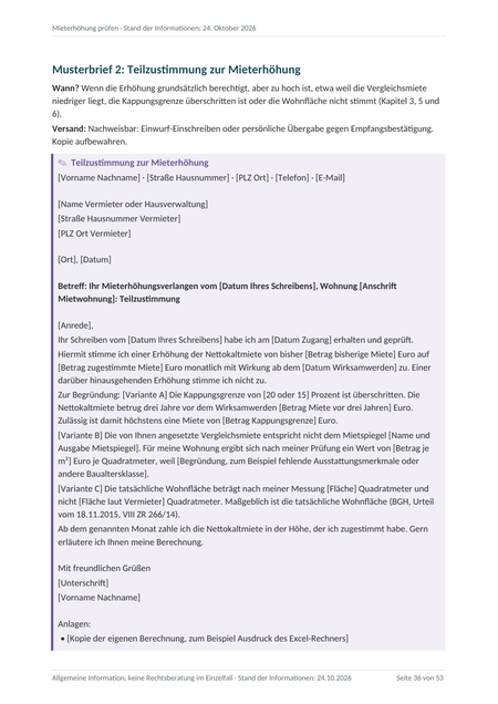 Leitfaden Seite 36: Musterbrief 2, Teilzustimmung zur Mieterhöhung