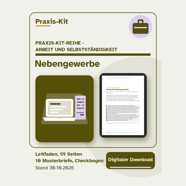 Praxis-Kit Nebengewerbe: Titelseite und eine Seite aus dem Leitfaden auf einem Tablet