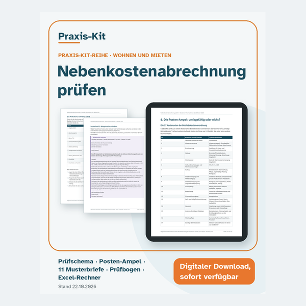 Praxis-Kit Nebenkostenabrechnung prüfen: Titelseite und Beispielseiten aus dem Leitfaden