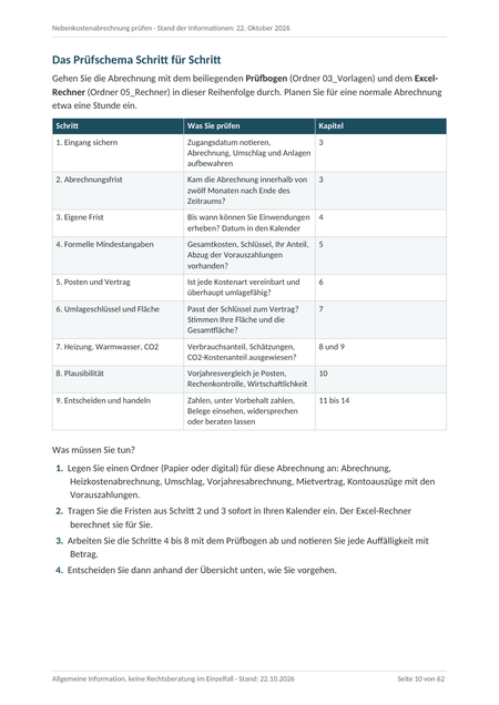 Leitfaden Seite 10: Das Prüfschema Schritt für Schritt, Tabelle mit neun Schritten