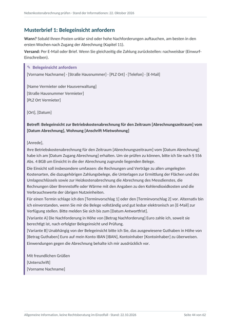 Leitfaden Seite 44: Musterbrief 1, Belegeinsicht anfordern