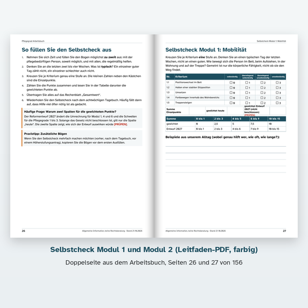 Doppelseite Selbstcheck Modul 1 Mobilität und Modul 2 Kognitive und kommunikative Fähigkeiten