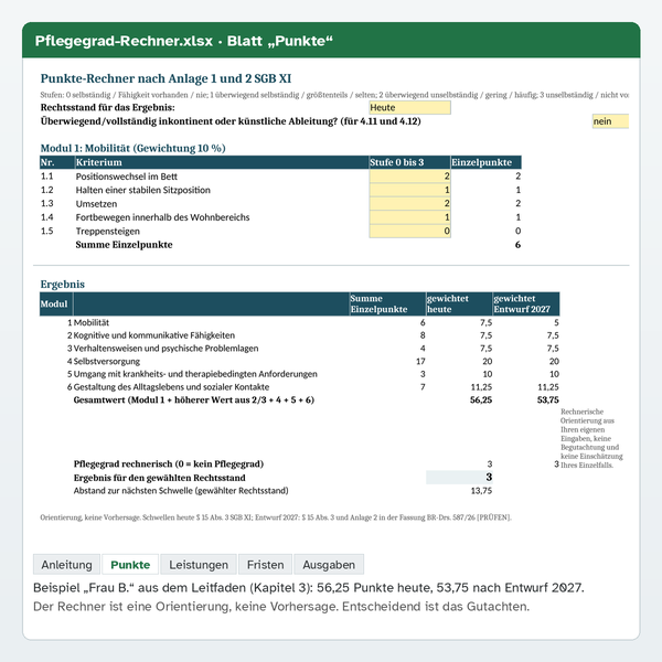 Excel-Rechner, Blatt Punkte: Ergebnis für das Beispiel Frau B. mit 56,25 Punkten heute und 53,75 Punkten nach Entwurf 2027