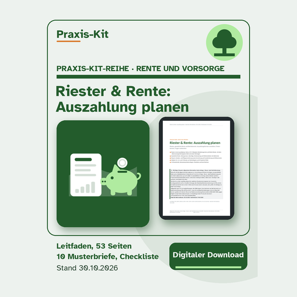 Riester & Rente: Auszahlung planen, Titelseite und eine Seite aus dem Leitfaden auf einem Tablet