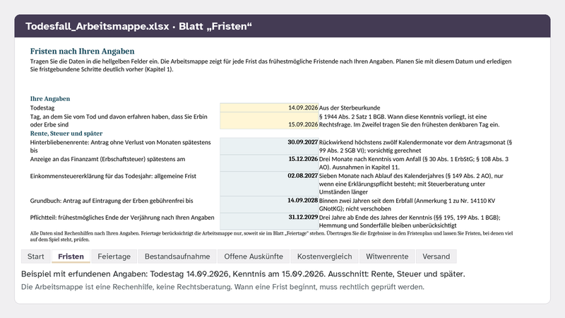 Excel-Arbeitsmappe, Blatt Fristen: Beispiel mit erfundenen Angaben, Todestag 14.09.2026, Ausschnitt Rente, Steuer und später mit fünf Terminen