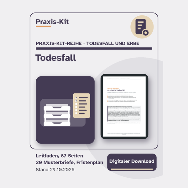 Praxis-Kit Todesfall: Titelseite und eine Seite aus dem Leitfaden auf einem Tablet