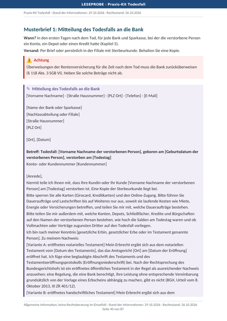 Leitfaden Seite 40: Musterbrief 1, Mitteilung des Todesfalls an die Bank