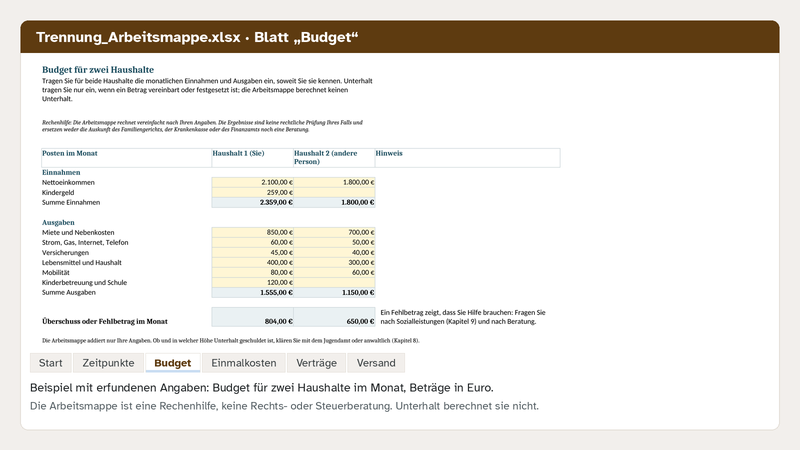 Excel-Arbeitsmappe, Blatt Budget: Beispiel mit erfundenen Angaben, Budget für zwei Haushalte im Monat mit Einnahmen, Ausgaben und Überschuss je Haushalt