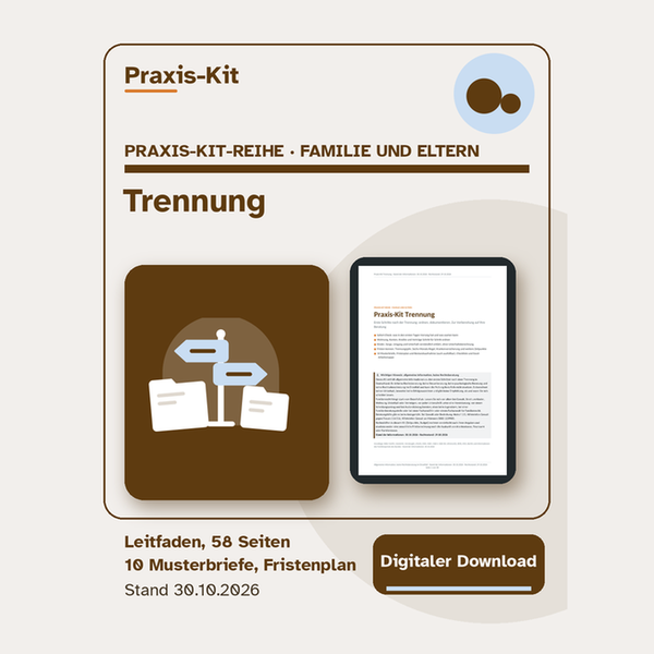 Praxis-Kit Trennung: Titelseite und eine Seite aus dem Leitfaden auf einem Tablet